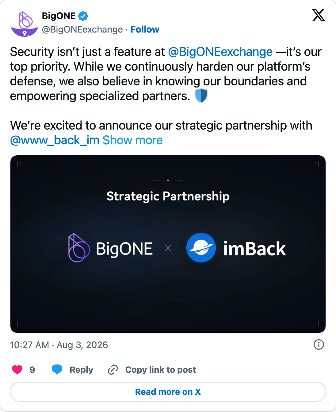 BigONE 官宣与 imBack 战略合作的推文截图